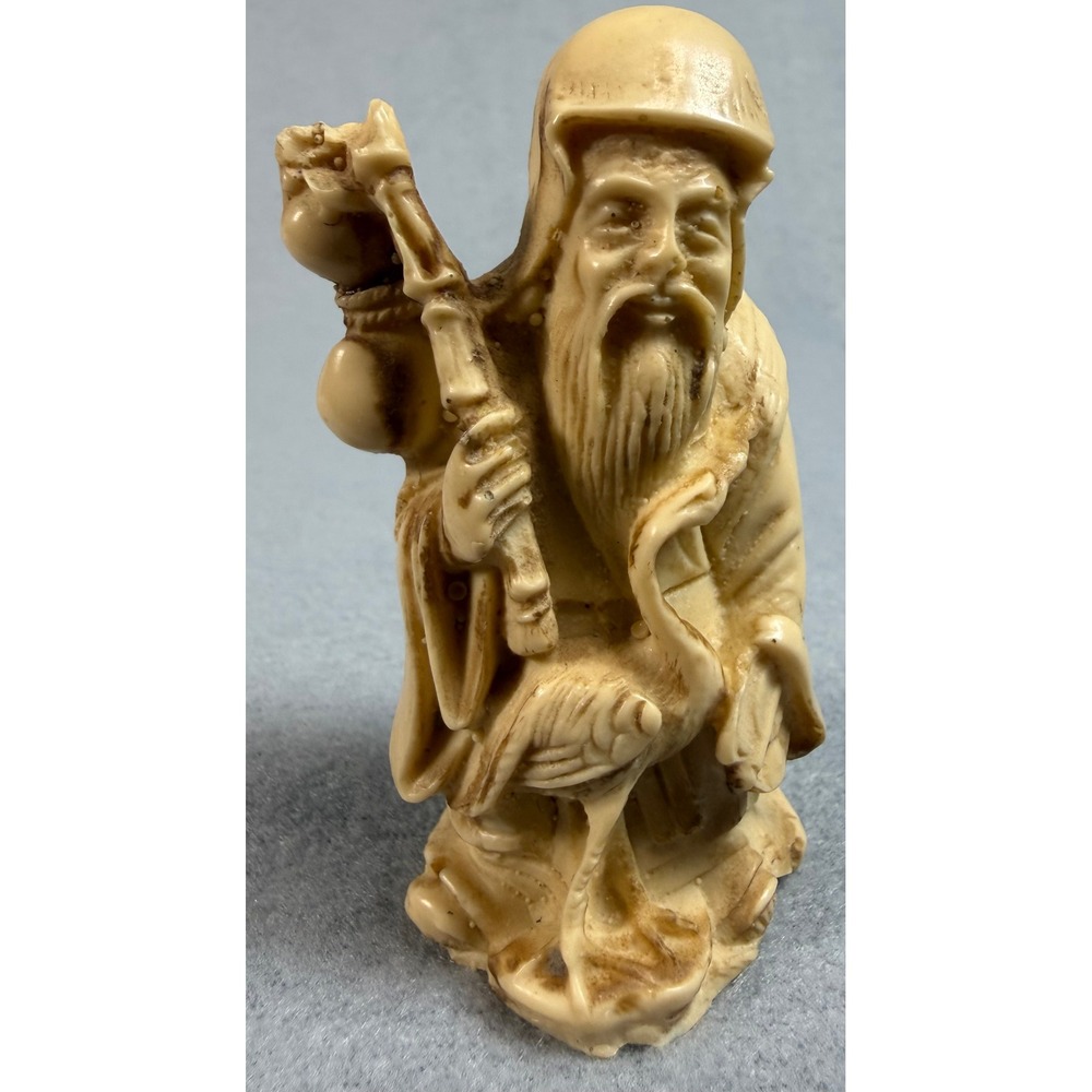 Vintage Shou Lao Chinese God of Longevity Resin Figurine with Crane and Gourd - Picture 9 of 9